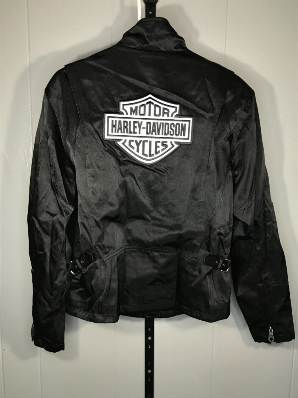 Harley Davidson Black Riding Reflective Jacket Coat Women sz M Nylon Shield Logo